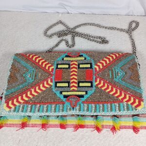 America & Beyond Beaded Clutch Crossbody Bag Boho Fringe Tribal Statement Piece